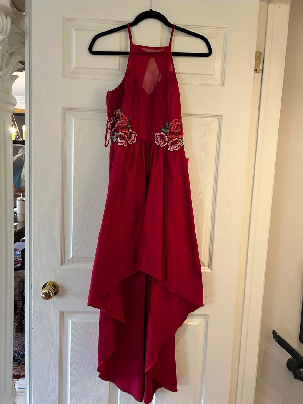 Red Floral Appliqué High-Low Halter Dress